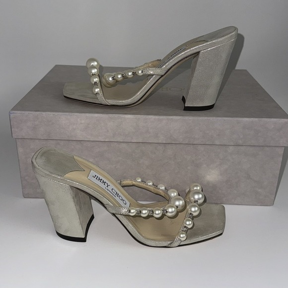 Jimmy Choo Amara 85 Sandals Block Heel Women's 35 Champagne Gold Embellished - Picture 1 of 8